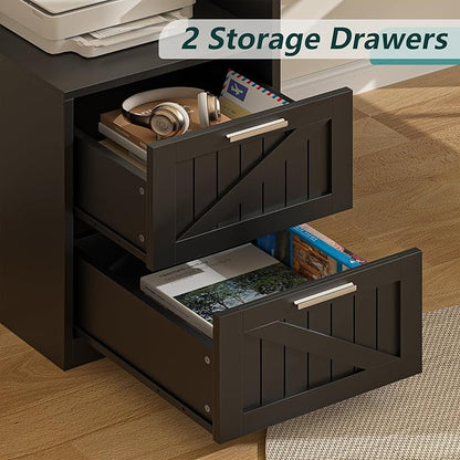 YOMILUVE 63" Farmhouse L Shaped Desk with Drawers & Storage Shelf, Corner Computer Desk with Power Outlets for Home Office, Executive Desk with Monitor Stand, Printer Shelf, Black