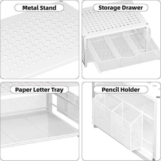 Marbrasse Metal Printer Stand for Desk with Storage Drawer and 2 Pen Holders, 2-Tier Desktop Organizer Printer Table for Home Office, Multi-Purpose Desk Organizer for Fax Machine Scanner Files(White)