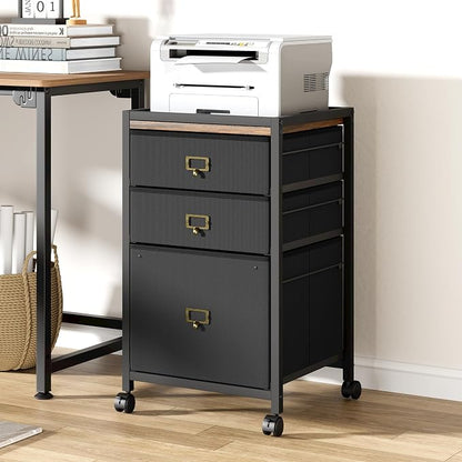 Garvee File Cabinet with 3 Drawers, Mobile Filing Cabinet Fits Letter Size or A4, Fabric Vertical File on Wheels, Home Office Small Under Desk Filing Storage Cabinets, Black