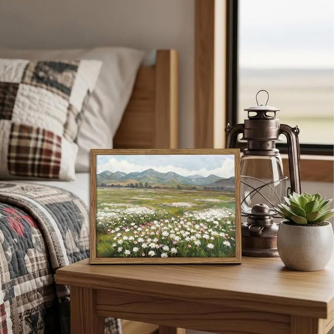 Framed Farmhouse Landscape Wall Art, Modern Country Flower Wall Decor, Vintage Wildflowers Mountain Canvas, Farm House Nature Pictures Print Artwork for Bedroom Living Room – 8x10 inch
