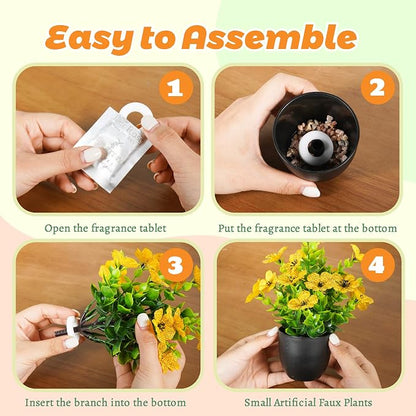Der Rose 4 Pack Small Fake Plants with Fragrance Discs Spring Faux Flowers in Black Pots Artificial Plants Indoor for Bathroom Room Office Desk Decor
