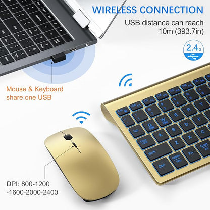 Wireless Backlit Keyboard and Mouse Ultra Slim Combo, TopMate 2.4G Silent Compact 2400DPI Mouse and Scissor Switch Keyboard Set, Batteries Included, for PC/Laptop/Windows/Mac/Gaming - BL Gold Black