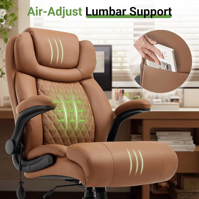 Office Chair, Big and Tall Executive Chairs with Lumbar Support for Back Pain, Breathable Desk Computer Chair with Adjustable Flip-up Armrests,Wide Cushion Swivel Home Office Chair Black,Brown PU