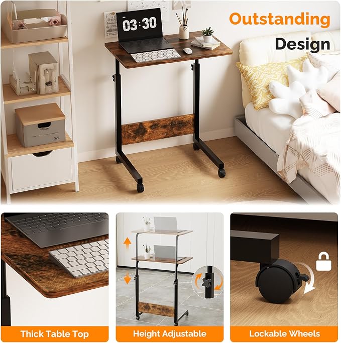 VINGLI Portable Computer Workstation, Standing Desk Adjustable Height, Small Computer Desk w/Rolling, Sit Stand Laptop Desk TV Tray for Bed Sofa Hospital Reading Eating, Brown, 23.6"