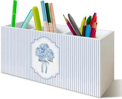 Hydrangea Pen Pencil Holder Organizer for Desk, Hydrangea Gifts, Hydrangeas Kitchen Cooking Makeup Brush Utensil Holder, Blue and White Bow Floral Wooden Box Sign for Home Office Tabletop Decor