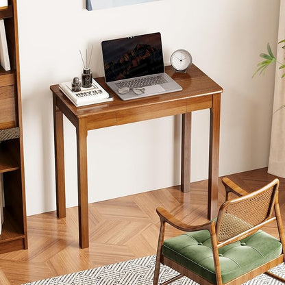 Solid Wooden Desk with Drawers - 32 x 16 Inch Narrow Desks, Rubberwood Mid Century Modern Desks, Small Writing Desk for Bedroom|Small Spaces - Walnut Color