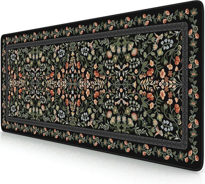 iCasso Aesthetic Floral Desk Mat, L Mouse Pads, Anti-Slip Retro Mousepad with Stitched Edges, Waterproof Computer Pad 11.8"x31.5",Desk Accessories Office Decor for Women(Black)