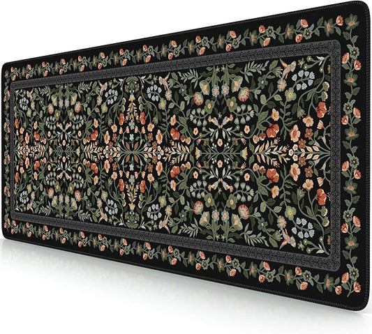 iCasso Aesthetic Floral Desk Mat, L Mouse Pads, Anti-Slip Retro Mousepad with Stitched Edges, Waterproof Computer Pad 11.8"x31.5",Desk Accessories Office Decor for Women(Black)