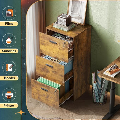 DEVAISE 3 Drawer File Cabinet with Lock, Vertical Wood Filing Cabinet for Office Storage, Printer Stand for Filing Cabinets for Home Office, Rustic Brown
