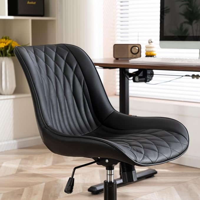 YOUNIKE Black Faux Leather Office Chair Armless Comfy Desk Chair with Rocking Back Cute Swivel Vanity Chair with Wheels Height Adjustable Small Computer Task Chair for Sewing Drafting Ergonomic