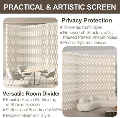 Accordion Kraft Paper Room Divider, 3D Diamond Wave Privacy Screen, Modern Freestanding Folding Partition, No Drill & Portable for Home Office Studio Salon White
