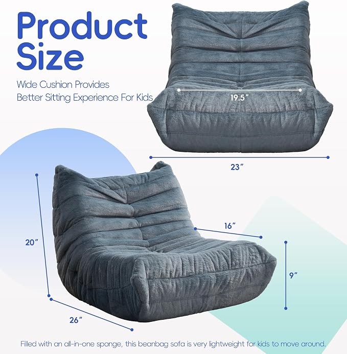 Hobestluk Small Bean Bag Chair Faux Fur Fabric BeanBag Couch for Playroom | Bluegrey Plush,Ergonomic Design,Memory Foam,Strong Supportive,No Assembly Required,Decorative Style for Living Room Bedroom