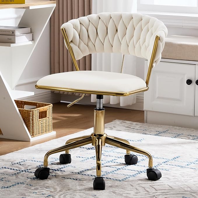 NIOIIKIT Home Office Chair, Velvet Upholstered Task Chair with Woven Open Back, 360° Swivel Desk Chair with Wheels, Adjustable Vanity Chair, Computer Chair for Office, Studio (Beige)