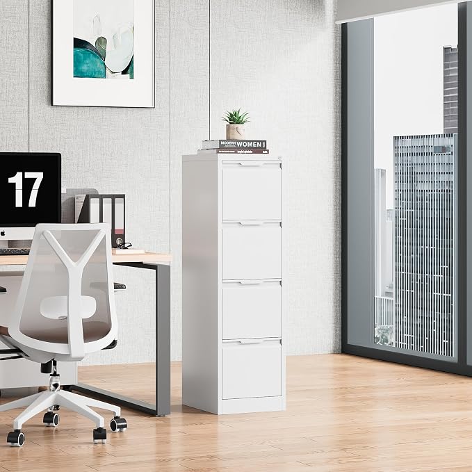 Bestoo 4 Drawer File Cabinet with Lock Metal Vertical Filing Cabinet Narrow File Cabinet Locked for Home Office A4 Legal/Letter Size Assembly Required (White, 4 Drawers-Vertical)