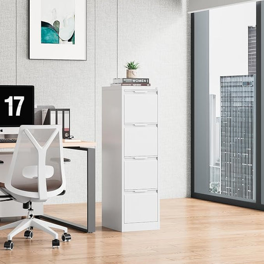 Bestoo 4 Drawer File Cabinet with Lock Metal Vertical Filing Cabinet Narrow File Cabinet Locked for Home Office A4 Legal/Letter Size Assembly Required (White, 4 Drawers-Vertical)
