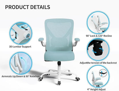 Office Chair - Ergonomic Desk Chair with Adjustable Lumbar Support, Mesh Computer Chair, Executive Office Chairs for Adults, Wide Seat Office Chair Back Support for Tall Men (Mint Green)