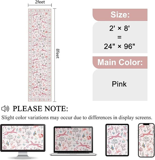 DUKINO Runner Rug, 2x8 Washable Kitchen Rugs for Hallways with Non Slip Backing, Soft Low Pile Vintage Animal Runner for Kitchen, Hallway, Entryway, Laundry, Bedroom, Pink