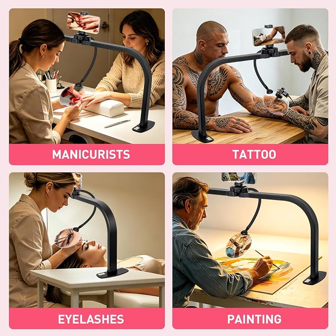 HITTI LED Half Moon Nail Desk Lamp, 30" Foldable Arch Light with 5X Magnifier & Phone Holder for Manicure, Handicraft, Art, Eyelash Extensions - Adjustable Brightness, 3 Color Modes, Home & Salon