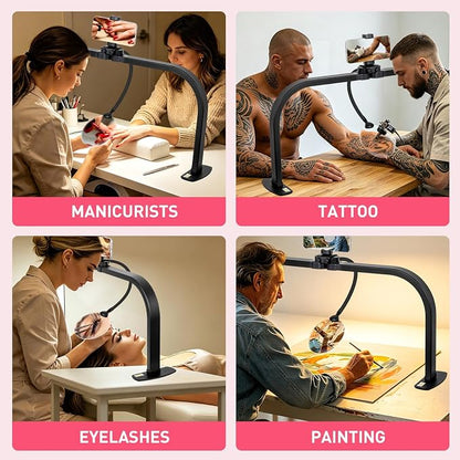 HITTI LED Half Moon Nail Desk Lamp, 30" Foldable Arch Light with 5X Magnifier & Phone Holder for Manicure, Handicraft, Art, Eyelash Extensions - Adjustable Brightness, 3 Color Modes, Home & Salon