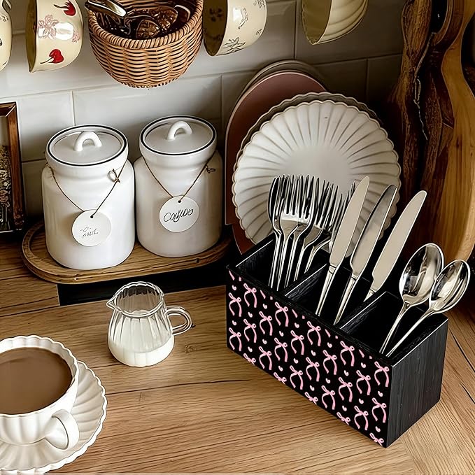 Pink and Black Bow Pen Pencil Holder for Desk Accessories Decor | Office Accessories for Women, Pink and Black Bow Pen Pencil Wooden Organizer Decorations for Dorm Room Bedroom Tabletop Desk