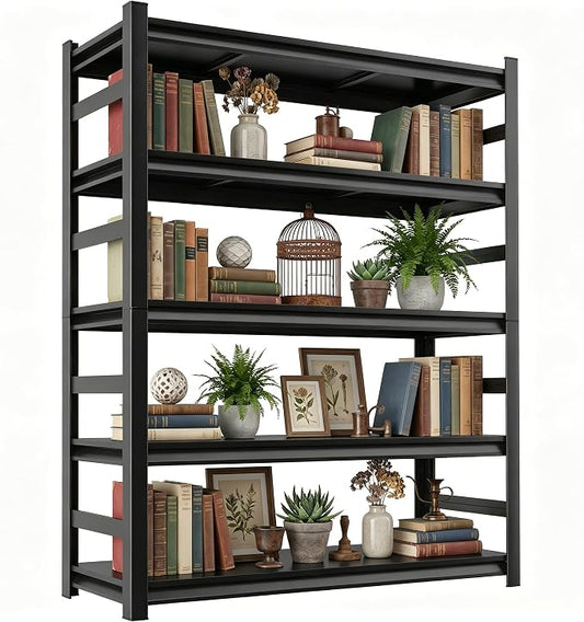 5 Tier Metal Bookshelf with Anti-Drop Fence, 72" H Adjustable Tall Bookcase, Heavy Duty 3000 LBS Modern Deep Book Shelf, Bolt-Free Storage Shelves for Living Room, Home Office, Garage