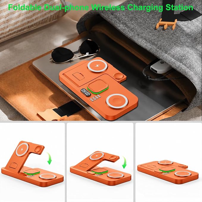 Dual Phone Wireless Charging Station for Apple Devices, Magnetic Charging Station for iPhone with Auto Switch 7-Color Light&Clock,Family Watch Charger for iPhone17 for iWatch11for AirPods Pro3(Orange)