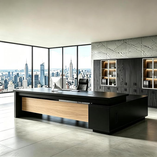 L Shaped Executive Desk with Drawers, Modern Large Wood Home Office Desk, Computer Desk with Storage for Boss Office Workstation