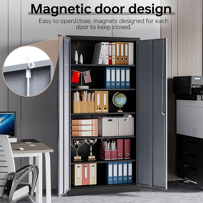 Metal Garage Cabinets, 72" Tall Locking Storage Cabinets with 2 Doors and 5 Adjustable Shelves, Steel Utility Tool Cabinet, Lockable Outdoor Storage Cabinet for Pantry, Garage, Home Office