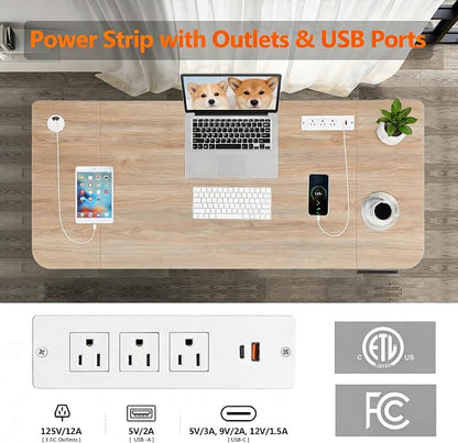 70'' x 27'' Electric Standing Desk Adjustable Height with Charging Station, Wheels, 2 USB Ports, 3 Power Outlets, 27''-46'' Lifting Range Stand up Desk for Home Office(Oak Gery)