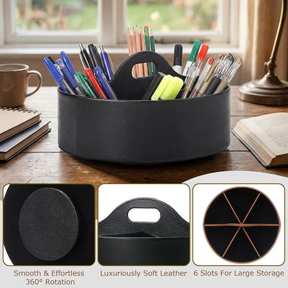 360° Rotating Leather Desk Storage Organizer with 6 Slots and Handle Extra-large Pen Holder Spinning Pencil Storage Lazy Susan Organizer Office Desk Supplies Marker, Art Supply(Black)