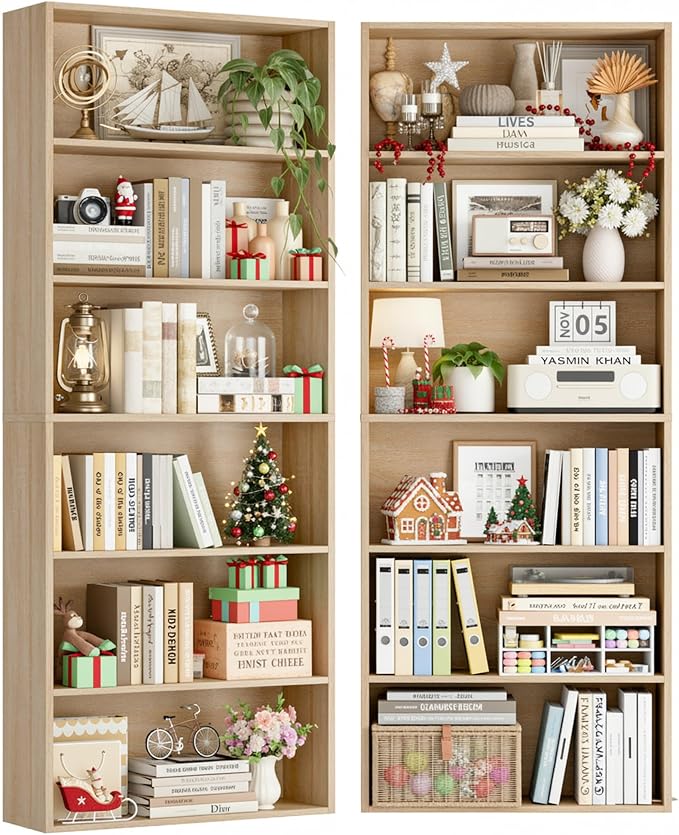 FOTOSOK 6-Tier Open Bookcase and Bookshelf, Freestanding Display Storage Shelves Tall Bookcase for Bedroom, Living Room and Office,Light Oak Set of 2