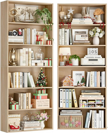 FOTOSOK 6-Tier Open Bookcase and Bookshelf, Freestanding Display Storage Shelves Tall Bookcase for Bedroom, Living Room and Office,Light Oak Set of 2