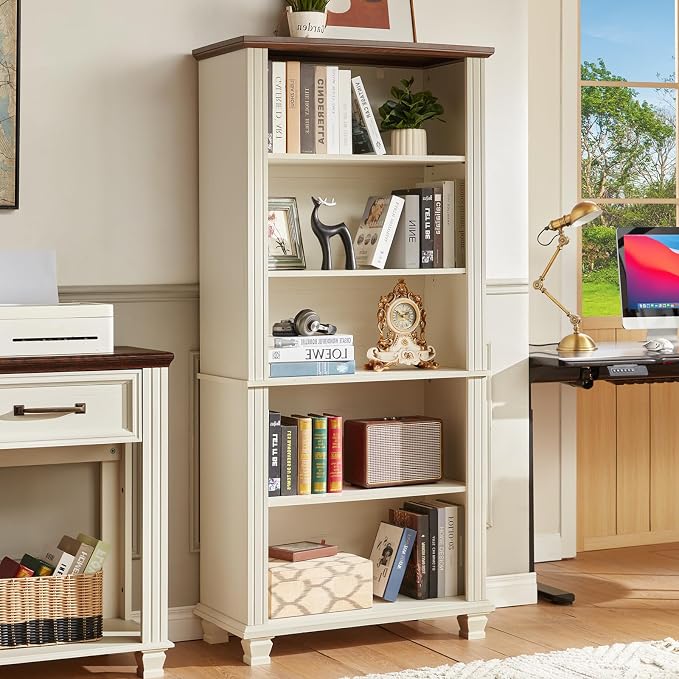SAVOR LIFE 70" Tall White Bookshelf,5 Tier Wood Book Shelf with Adjustable Shelves & Wood Legs,Free Standing Farmhouse Bookcase with Open Display Storage,Vintage Kids Bookshelves for Nursery,2PCS