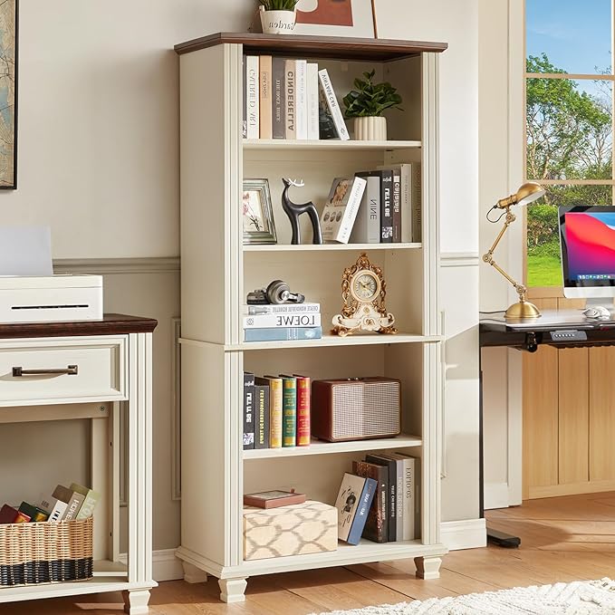 SAVOR LIFE 70" Tall White Bookshelf,5 Tier Wood Book Shelf with Adjustable Shelves & Wood Legs,Free Standing Farmhouse Bookcase with Open Display Storage,Vintage Kids Bookshelves for Nursery,3PCS