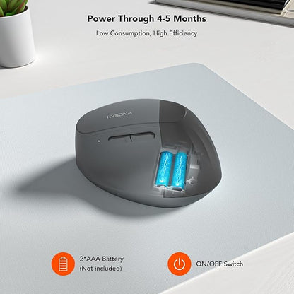 KYSONA EM18 Wireless Ergonomic Vertical Mouse, Ergo Design, Bluetooth Cordless Mouse for Medium/Large Hands, Silent Click, 5-Level Adjustable DPI, Carpal Tunnel Mice for Computer/PC/Mac/Laptop, Black