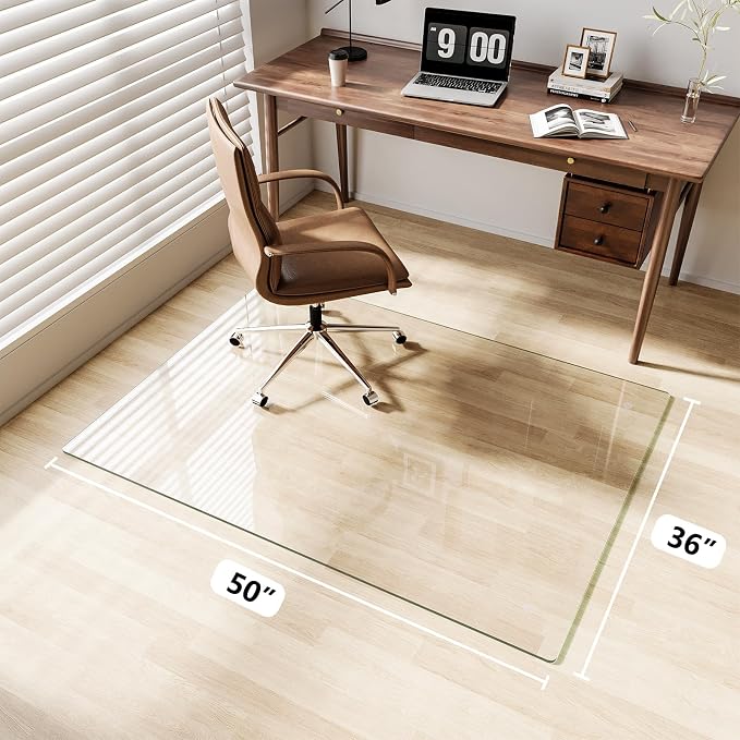 Glass Chair Mat 36" x 50" Heavy Duty Tempered Glass Office Chair Mat, Glass Floor Mat with Round Corner and Polished Edge for Smooth Glide, Office Chair Mat for Carpet, Hardwood Floor