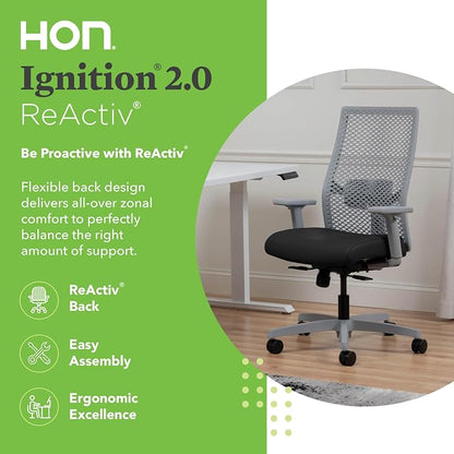 HON Ignition 2.0 ReActiv Ergonomic Office Chair, Mesh Desk Chair with Lumbar Support, Synchro‑Tilt Recline, Height and Width Adjustable Arms, Swivel Wheels, Titanium Frame, Black