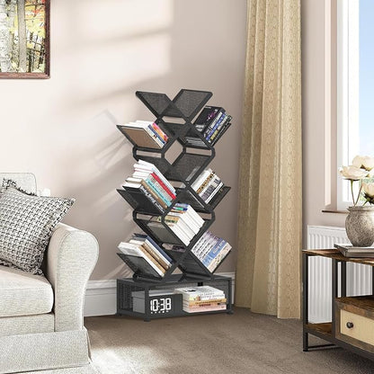 Gintan 9-Tier Space Saving Book Shelf with Storage,Bedroom Shelves Folding Bookshelves,No Installation Required Shelf Tree Metal Bookshelf for Living Room,Study,Home Office,Bed Room (Black)