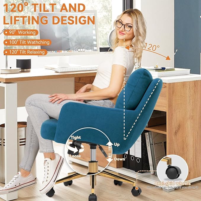 Flannel Office Chair, Comfy Home Office Desk Chairs with Lumbar Support, Modern Velvet Desk Chair Gold Legs Small Swivel Task Chair for Home Office, Bedroom, Study (Blue, XL)