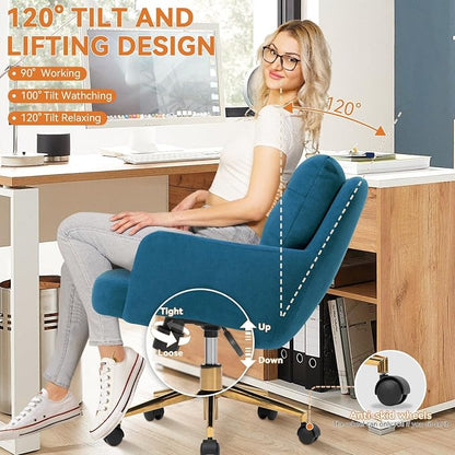 Flannel Office Chair, Comfy Home Office Desk Chairs with Lumbar Support, Modern Velvet Desk Chair Gold Legs Small Swivel Task Chair for Home Office, Bedroom, Study (Blue, XL)
