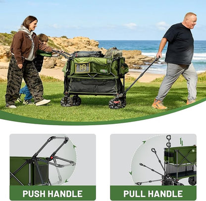 TIMBER RIDGE Push & Pull Double Decker Wagon, 400L Large Capacity Heavy Duty & 450lb Load, Collapsible Cart with All-Terrain Wheels & Brakes, 54” Extended Foldable for Sports, Beach, Camping, Green