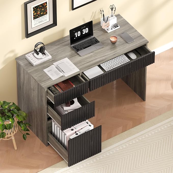 4 EVER WINNER Computer Desk with Drawers, 48 Inch Fluted Small Desk with Storage, Wood Home Office Desk for Study, Living Room, Bedroom, Grey