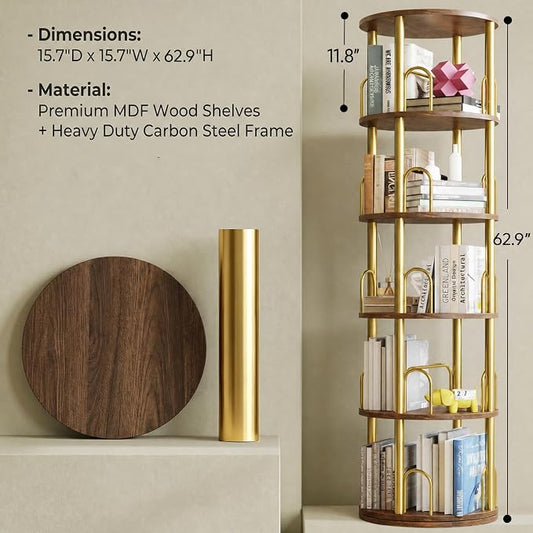 5-Tier Rotating Bookshelf, 360° Round Spinning Book Shelf Tower, Tall Skinny Wood & Metal Bookshelf for Corner/Office/Home, Modern Industrial Vintage Style