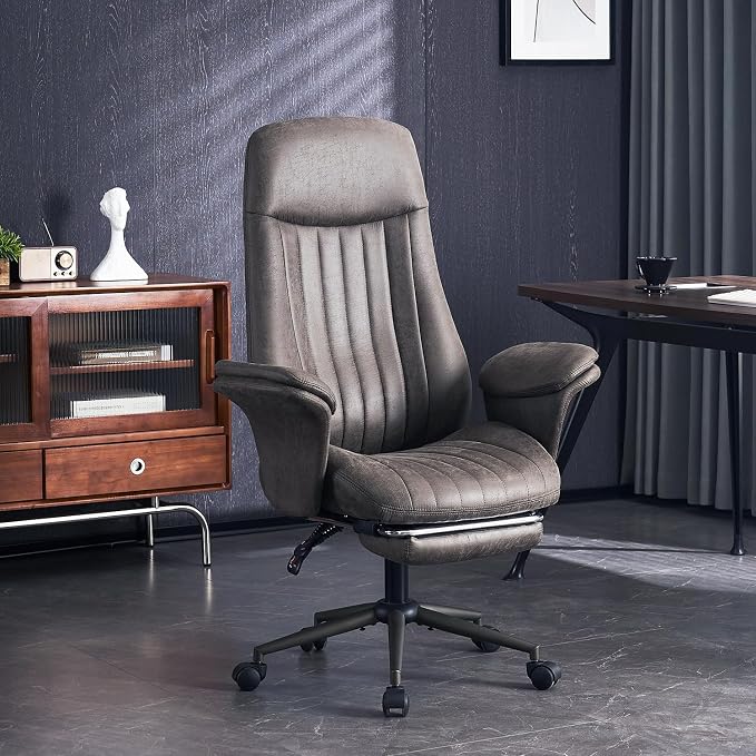 Home Office Ergonomic Chair with Footrest, Modern Luxury Faux Suede Leather Chairs, Comfy High Back Computer Swivel Rolling Task Armchair for Executive, Grey Color