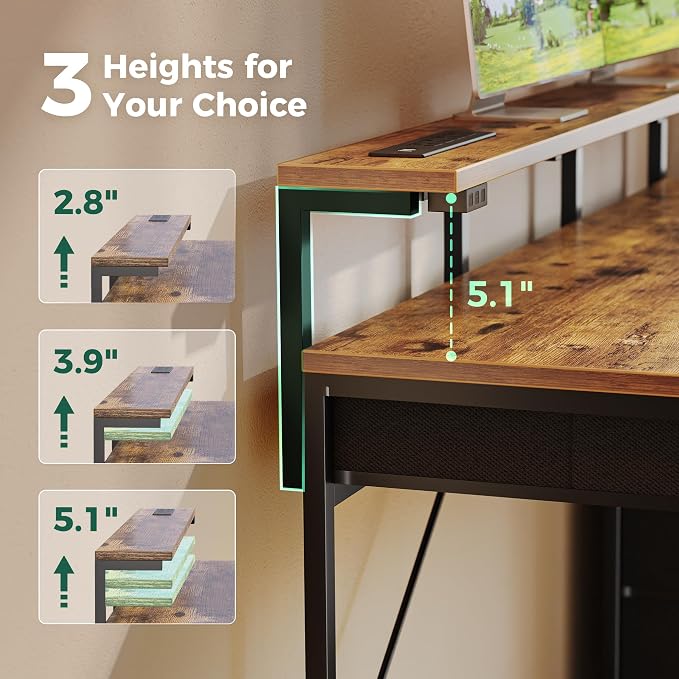 Huuger Gaming Desk with 6 Drawers, Computer Desk with LED Lights Power Outlets and Type-C, 55 Inch Office Desk with Storage, Monitor Stand, Writing Desk for Home Office, Rustic Brown, 1CD102F