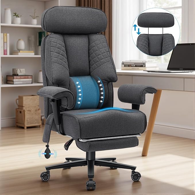 HOFFREE 500lbs Big and Tall Office Chair for Heavy People Executive Office Chair with Wide Seat High Back Computer Desk Chair with Adjustable Lumbar Support Grey Fabric