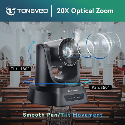 TONGVEO 4K AI PTZ Camera with Auto Tracking and 20X Optical Zoom, Conference Room Webcam with HDMI/USB3.0/LAN/PoE, Ideal for Church Worship, Zoom Meetings, Live Streaming and Education