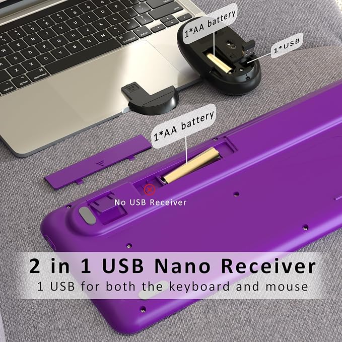 Colorful Wireless Keyboard and Mouse Combo, Retro Typewriter Style Round Keys, 2.4GHz Ergonomic Aesthetic Computer Keyboard with Wrist Rest for Mac, Windows, Laptop, PC(Violet Color)