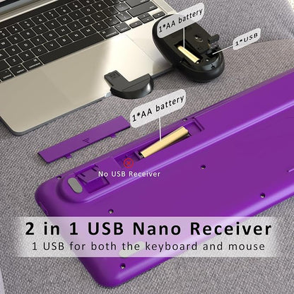 Colorful Wireless Keyboard and Mouse Combo, Retro Typewriter Style Round Keys, 2.4GHz Ergonomic Aesthetic Computer Keyboard with Wrist Rest for Mac, Windows, Laptop, PC(Violet Color)