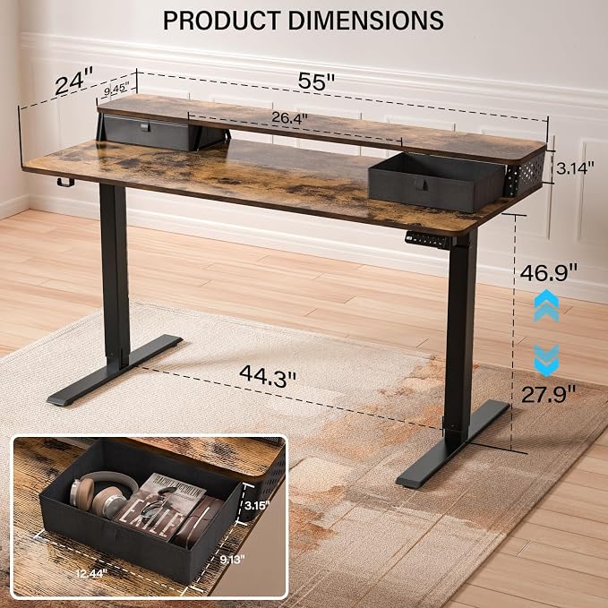 Electric Standing Desk with Two Drawers,55 x 24 Inch Sit Stand Desk Adjustable Height, Stand Up Desk with Storage Shelf, Computer Workstation for Home Office, Rustic Brown